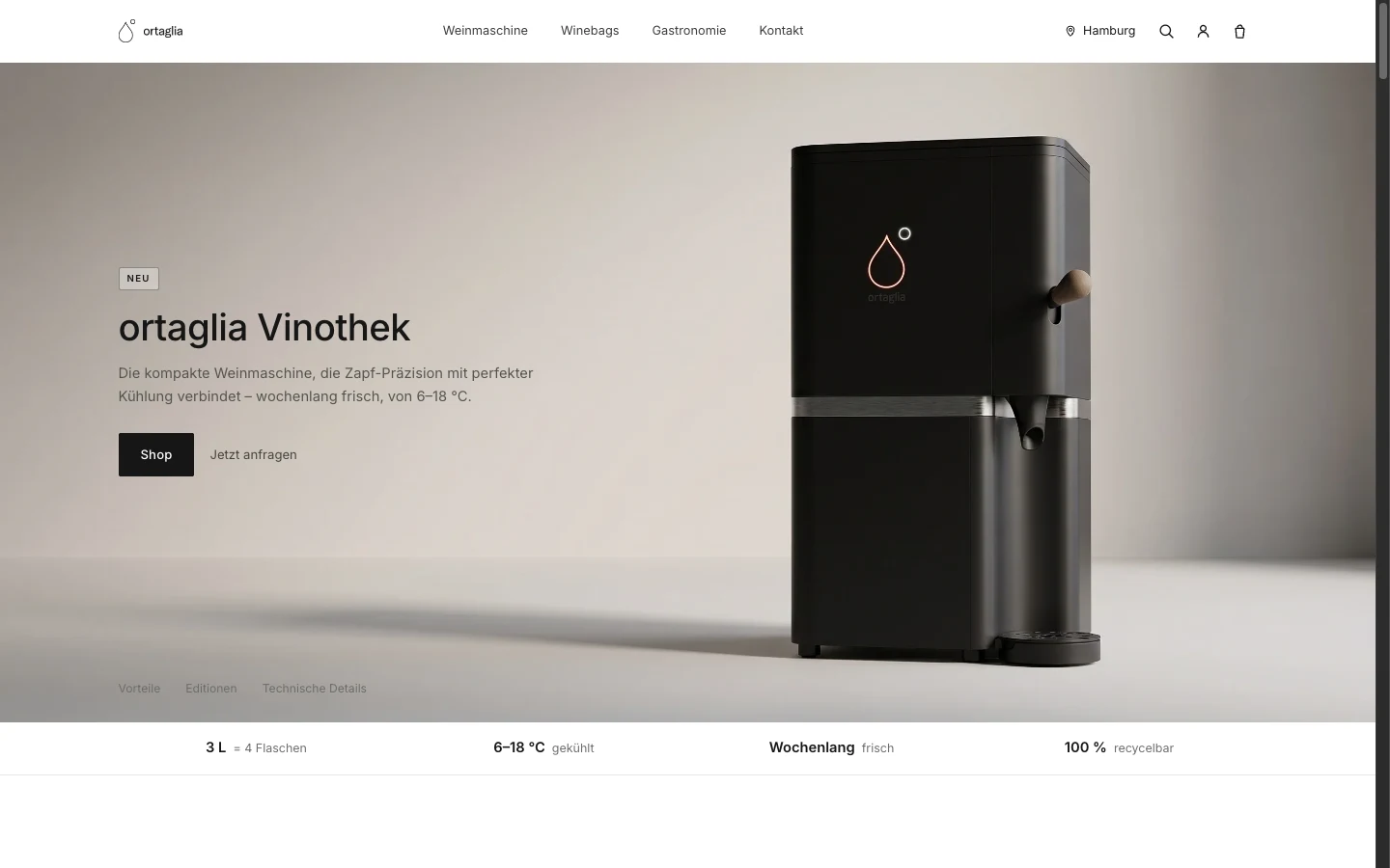 ortaglia website — a premium product site for a compact wine-dispensing machine