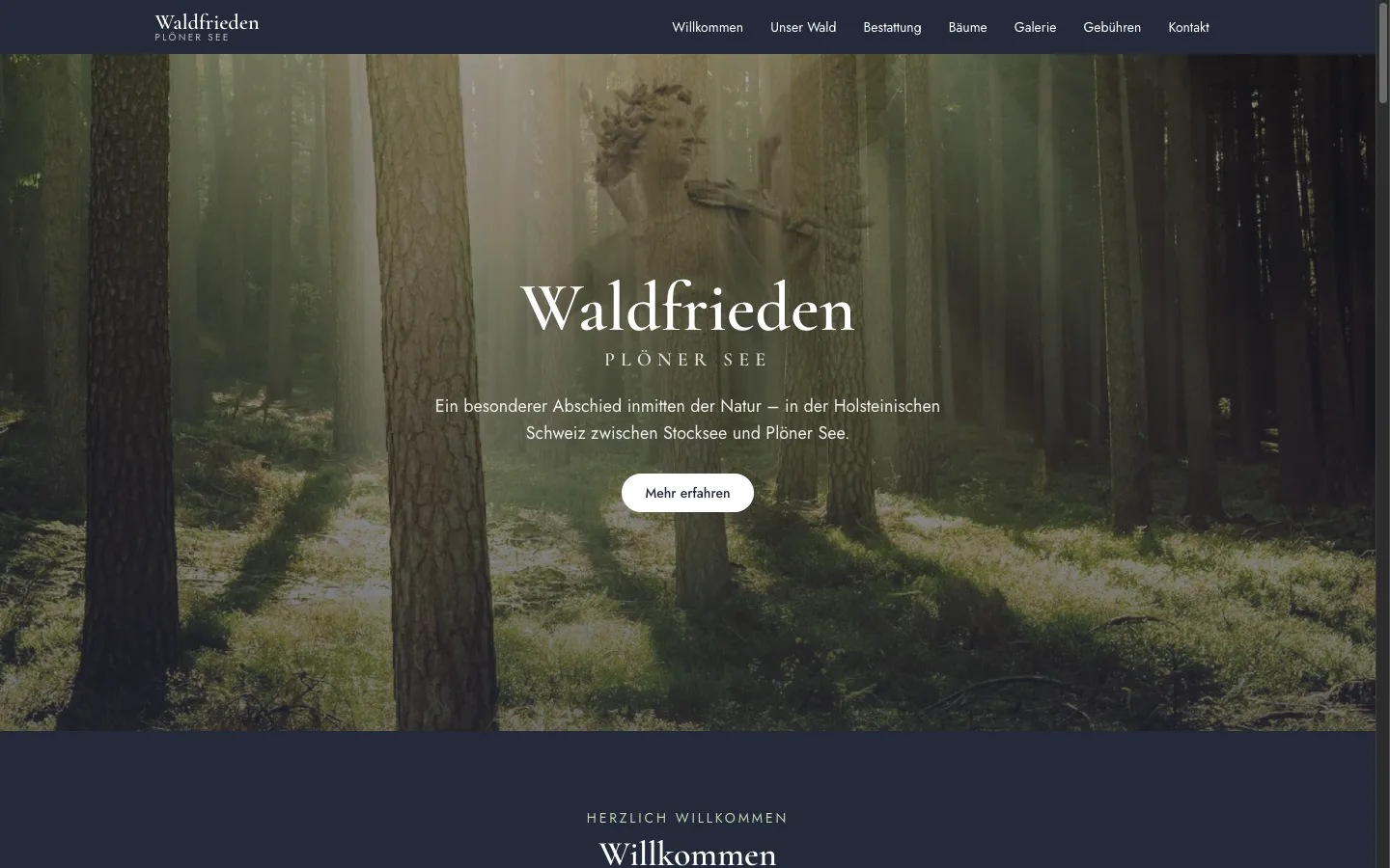 Waldfrieden Plöner See website — a memorial forest for tree burials in Holstein